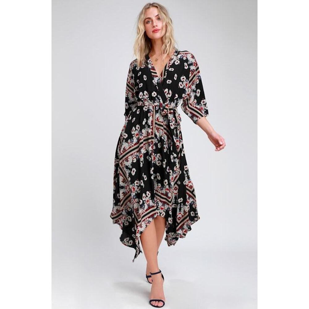 Lulus Delta Black Print Midi Dress - Size L